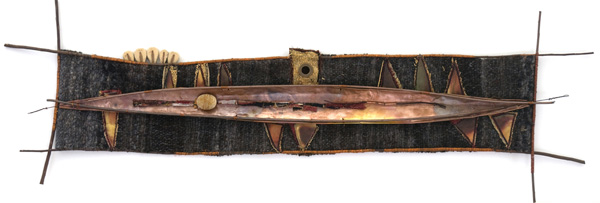 Passage, handspun woven wool, copper, fabric, willow branch, piano felt and wire, 20" X 60", 2011 
Photo credit:  Mark Vander Vennen