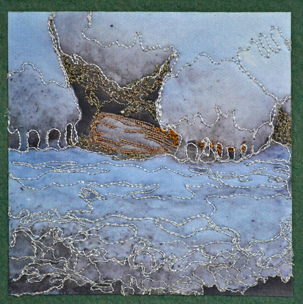Polar Bear’s Embrace, 4” x 4” (10” square framed)  photo transfer, machine embellished