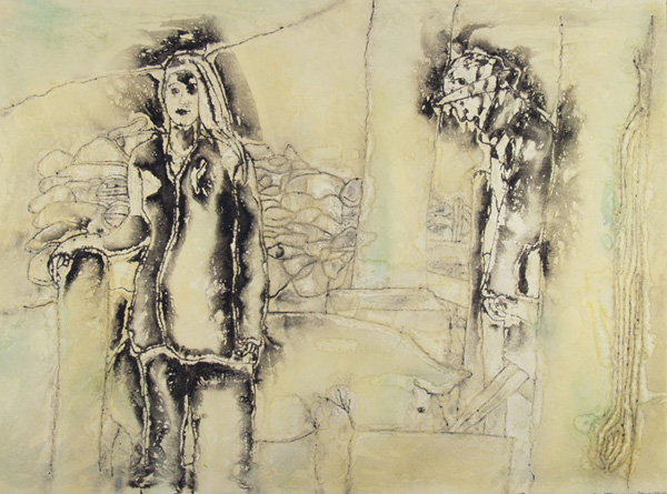 Arrowmont:Feeding the Pigs #1, 30" x 22", acrylic inks on 100% cotton paper, monoprint, photo: Anna Keck