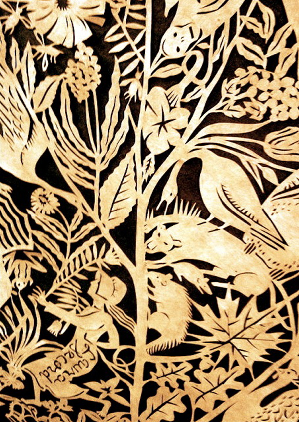 Laura Secord dress collar, detail of Laura Secord's Dress. 2011 Washi paper-cut dress, 3' x 7'. David Kaye Gallery/ Rodman Hall, St Catharines shows.