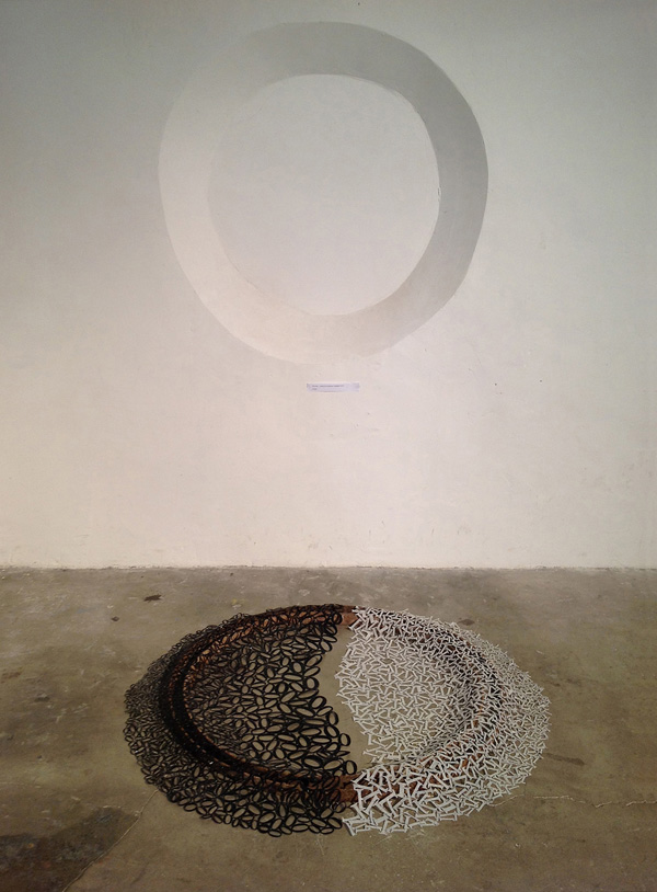 Binary world, lutradur, staple, cutting, stapling, ground piece, 53"(w) x 53"(L) x 6" (h), photo: Xia Gao