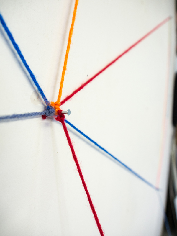Line work, for Fred Sandback Studio installation (Detail), Yarn, nails, variable dimensions, 2013. Photo: Andrew MacDonald.