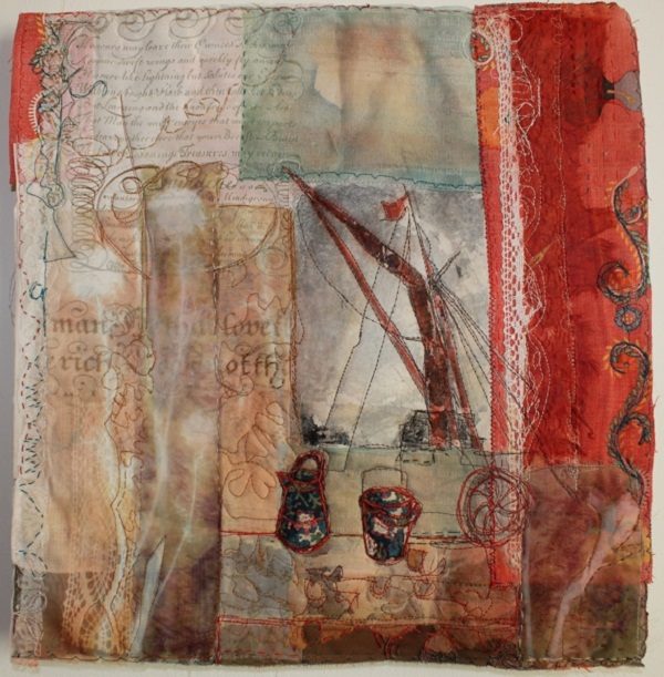 Red Barge Sails, Windows series. Paper and textiles layers, print, worked on top of curtain fabric, dye, paint, print, machine and handmade machine stitch, 40x40cm. Photo: Cas Holmes.