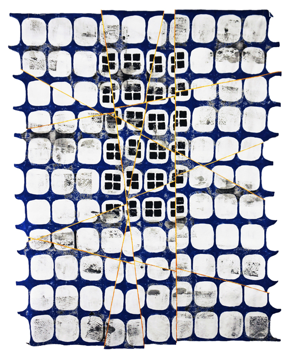 Fractured Fence Repaired #2, 47 x 37", 100% cotton, paint, thread, Monoprinted, handstamped, handpainted, stitched, cut stiffened fabric, Photo credit: Jeanne Williamson