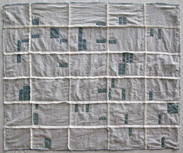 Miami Foreclosure Quilt, 41"w x 35"h, Cotton, cotton voile, denim and embroidery thread, Hand sewn quilt, Photo: Kathryn Clark