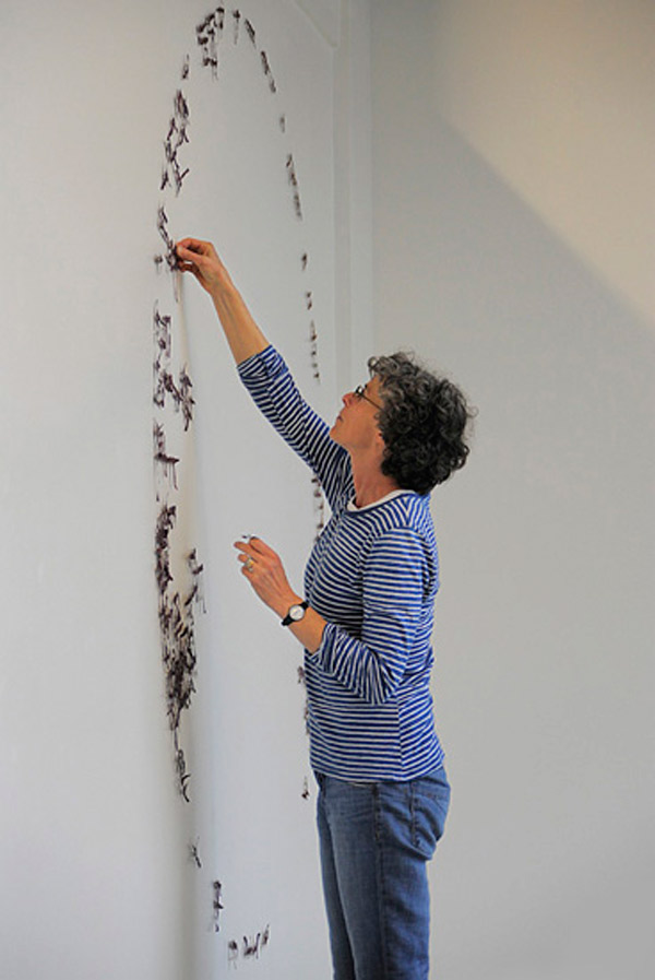 Installation view, Partial Floor Plan of a World, 76 x 61 x 1.5 inches, Board, van dyke printed and discharged, hand dyed and painted fabric embellished with French knots, drawn with dye stick, glued, stiffened, mounted with beads.