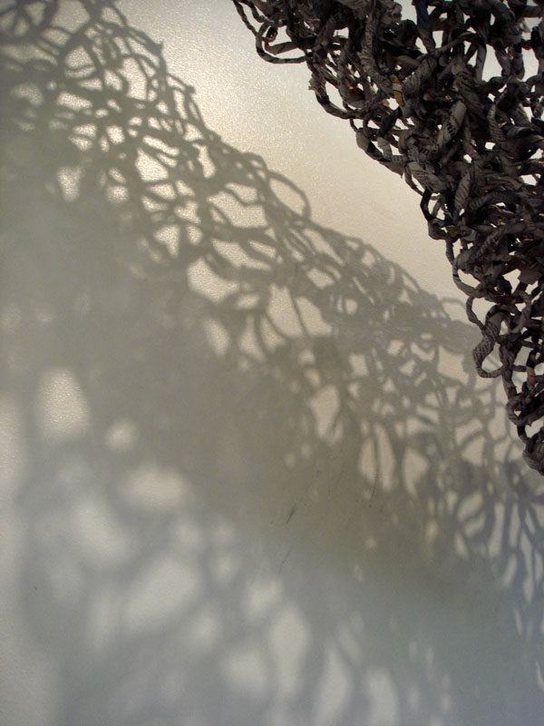 Freefall (detail), newspaper, spinning technique and knitting technique, 2013.