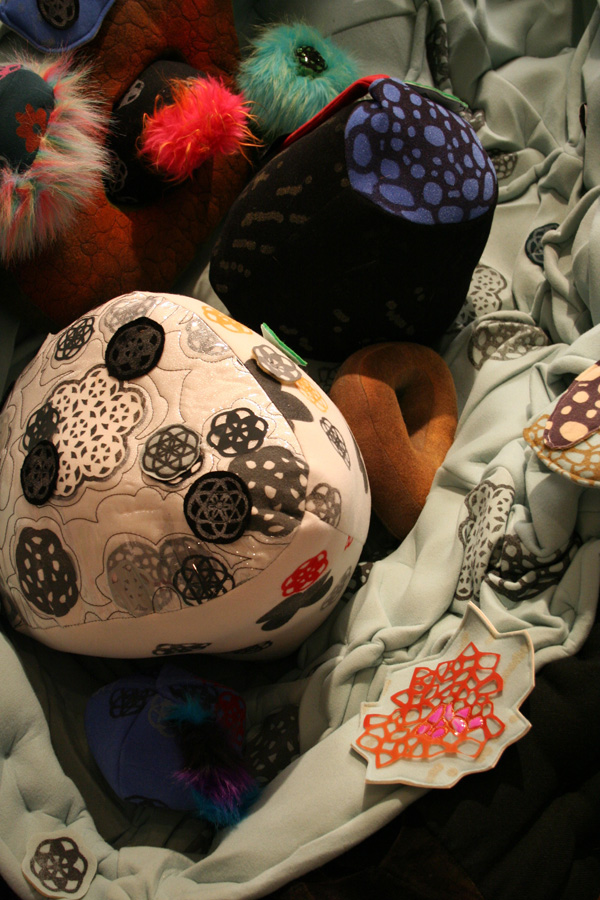 Connecting the Dots- A collaboration with artist Terri Dilling (detail), 2012, repositional fabric free motion machine embroidered, interactive (Leisa Rich)