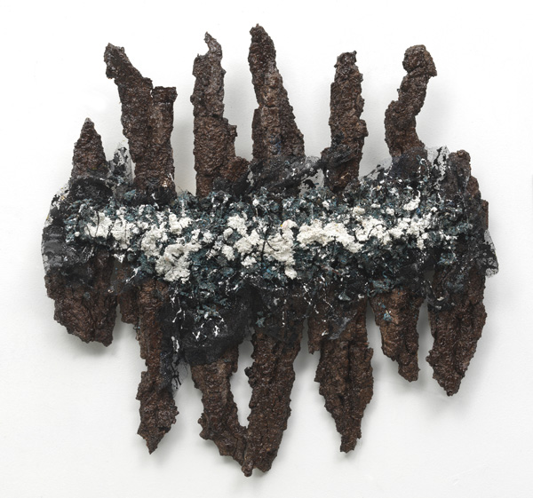 Forest Floor Relief XXII, tree bark, fabric, sawdust, plaster on wood, 38" x 45" x 12".