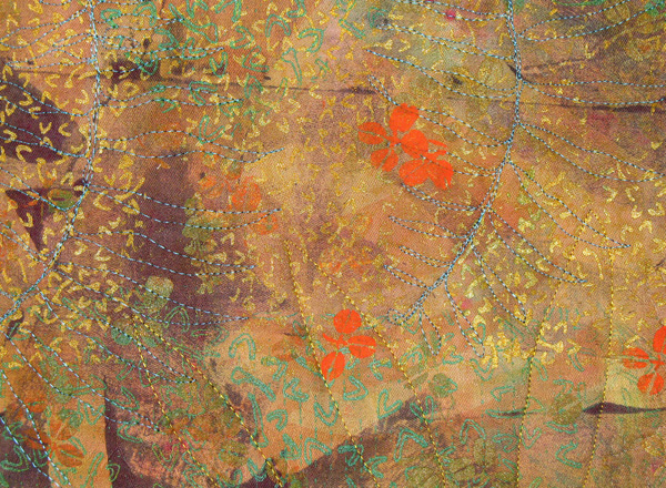 Detail, Forest Floor, var. 1, Hand-dyed, over-dyed whole cloth, painted, silk screened, free motion machine stitched, 2007, 32.5 x 44.5