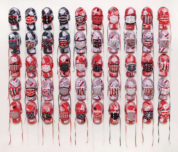 Everybody look what's goin down… #11, Protest Series, Installation 50 Styrofoam heads commercial cotton fabric, Decoupage, appliqué, 2012 63" x 86", Photo: Tom Fitzpatrick
