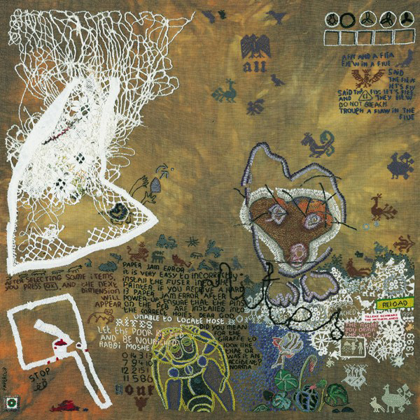 Rites., hand embroidery on fine linen (50 count, evenweave) with a variety of fine threads (cotton, silk, rayon, polyester, metal). 65 x 65 cm. Photo: Rob Mostert.