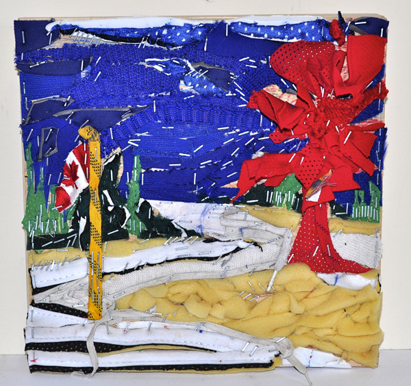 Rusagonis, NB, recycled hockey gear on board, 12" x 12" x 3", 2011.