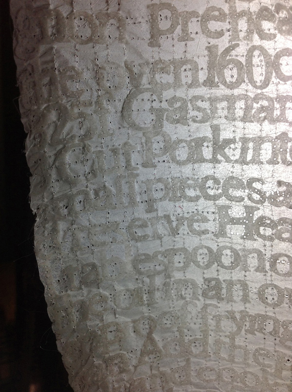Detail: Daily life, lutradur, tissue paper, cutting, sewing, 4.5"(w) x 102 "(L) x 4.5" (h), photo: Xia Gao