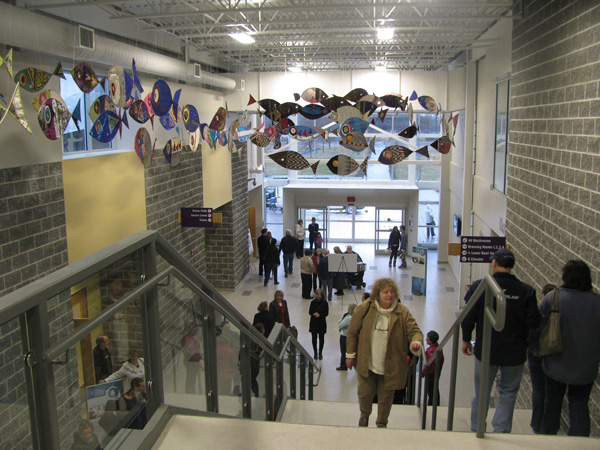 Fish Sculpture with People, Cobourg Community Centre, 2011, Photo credit: Mark Vander Vennen