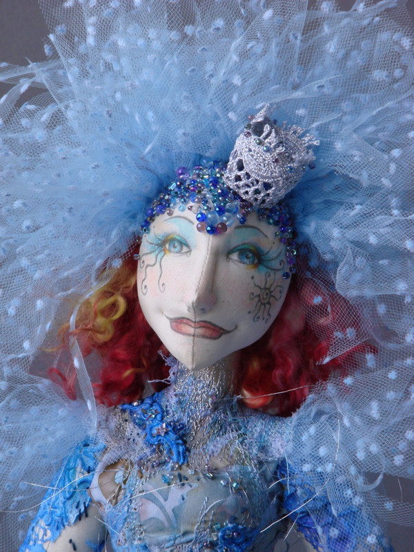 Detail: Moonlight Magic, 18" H, cloth, silk, mohair, beads, sequins, chiffon, netting, wooden stand.