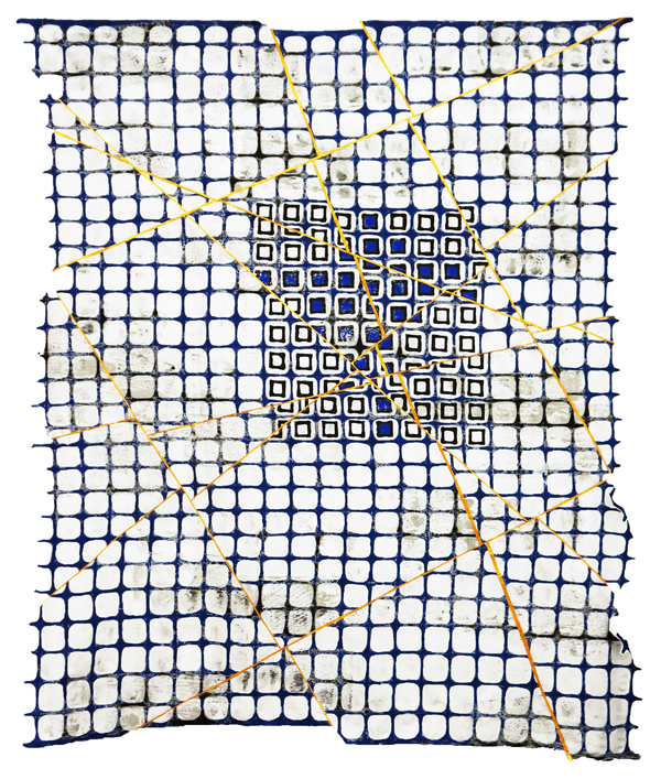 Fractured Fence Repaired #1, 46 x 39", 100% cotton, paint, thread, Monoprinted, handstamped, handpainted, stitched, cut stiffened fabric, Photo credit: Jeanne Williamson