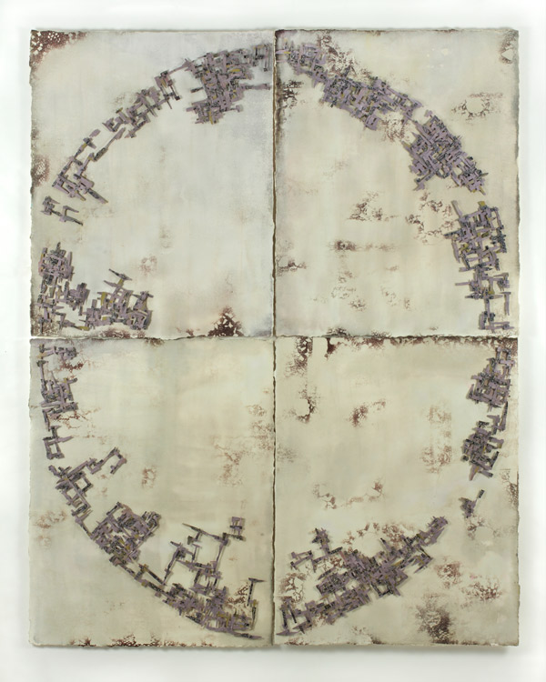 Installation view, Partial Floor Plan of a World, 76 x 61 x 1.5 inches, Board, van dyke printed and discharged, hand dyed and painted fabric embellished with French knots, drawn with dye stick, glued, stiffened, mounted with beads. Photo: Mark Frey.