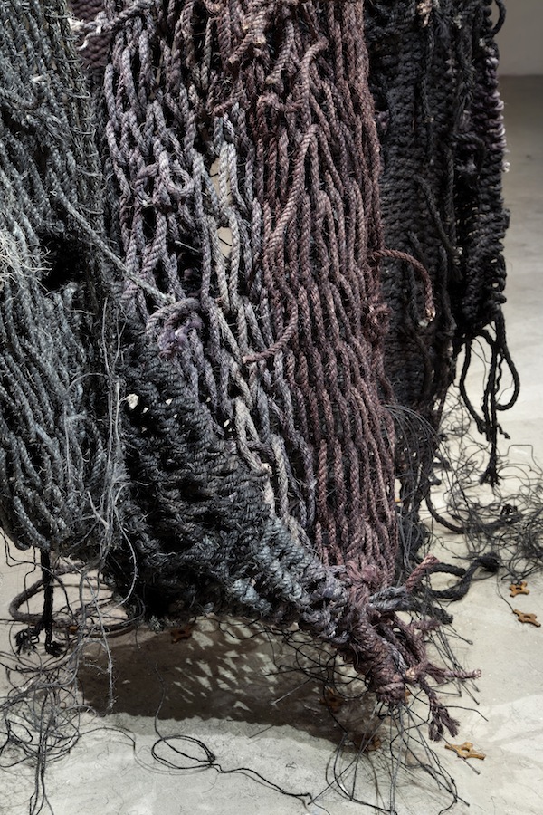For Lethe, 2014, detail, 8’H x 2’D x 4’W, hand-dyed sisal rope, rusted steel. Technique: Handmade, hand-dyed large-scale weaving loom tapestry using plain & soumak weaves. Photo: Miles Collyer.
 