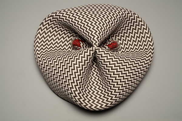 Red Eyed Devil, watercolor paper, acrylic paint, waxed linen thread, 2012, 11.5 x 12 x 6", diagonal twill woven basketry, sewn rim, Photo: Ken Rowe
