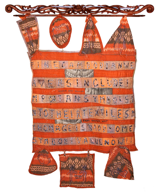 Aspara 21, 38W x 52H, fibre, textiles I collected in the region and cloth I created. Fibre techniques are drawing, painting, machine and hand sewing