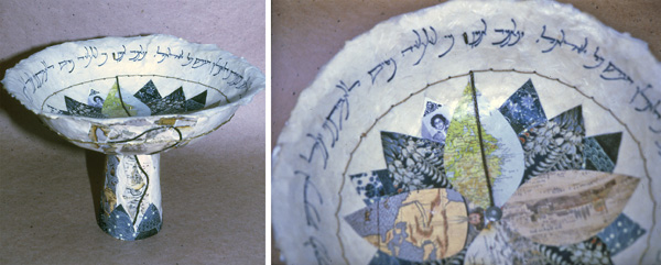 "From the Four Corners'", collaboration with Laya Crust, mixed media, 36 x 36 x 23 cm. (14 x 14 x 9 in). Honouring the memory of Jackie Schau Rand. Collection of Ohel Moshe Synagogue and Museum, Shanghai. Our 'Gift of Friendship' is inspired by a typical Ming Dynasty stem bowl. Instead of porcelain our bowl is paper, another material that the Chinese invented and highly developed. Collaged on the outside are four antique maps. Meandering silk and gold thread represents wanderings of the Jewish people. Inside the bowl the maps and various handmade papers form the petals of a lotus. The lotus is also a compass pointing to the band of cursive calligraphy of a text from Isaiah: "May He gather us together from the four corners of the earth'"
