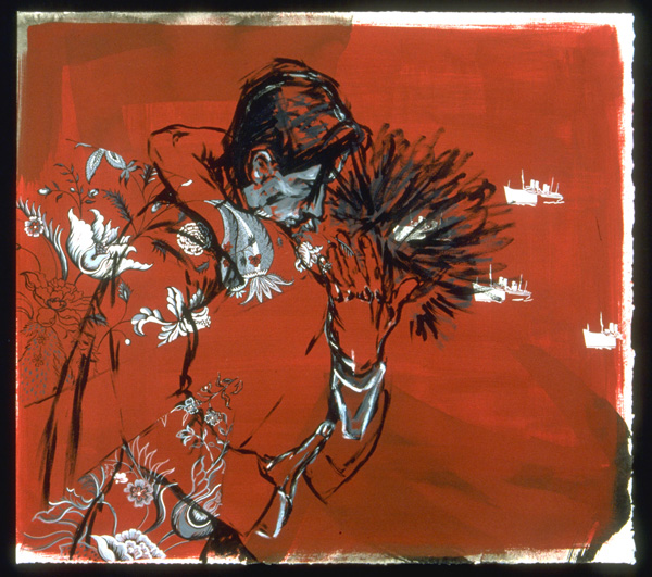 Love in the Time of CNN, acrylic, India ink, on BFK paper, 20"H x 22"W, 2003, photo: Michael Brotman