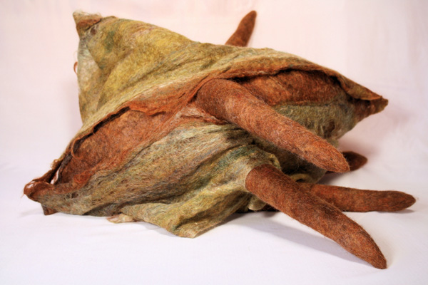 Trillium, wool, natural dyes, fiberfill, 2010, 14" x 26" x 28", hand-felted, stitched. Photo: Merce Mitchell
