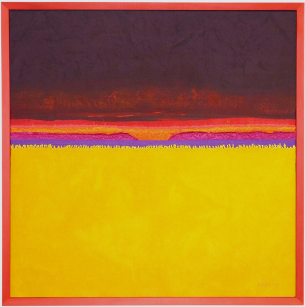 Mustard Field, 31" x 31"; materials: assorted fabrics; techniques: dyeing, painting, layered edge fabric assemblage, freemotion embroidery