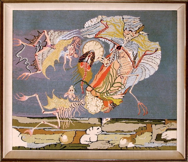 Fossils, 21 in H x 25 in W, 1983. Wool, cotton and silk threads on needlepoint canvas. Photo: Abar Color Labs.