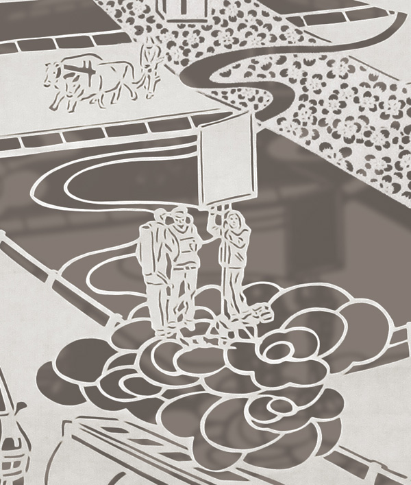 Sewing Highways, detail, 25" x 21", Cut Paper, Chinese Rice Paper on Silk