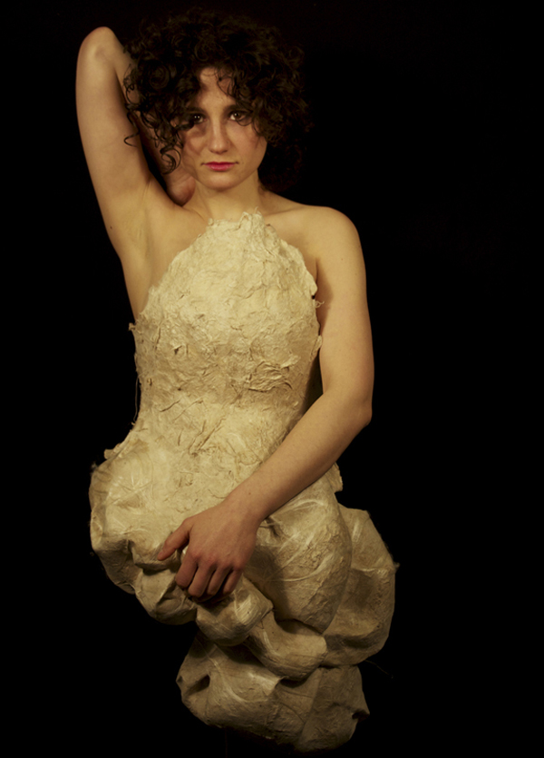 Stretch (from the series Perfect Imperfections), varies, wire, wire mesh, handmade paper, silk roving, ribbon, photo: Adelle Rae Taylor, model: Shelli Wild.