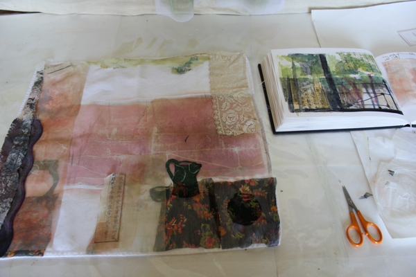 Artwork in progress. Working on Windows series piece: Willowherb and Jug (now in private collection). Photo: Cas Holmes