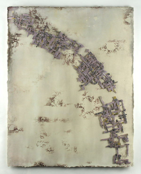 Installation view, Partial Floor Plan of a World, detail, 76 x 61 x 1.5 inches, Board, van dyke printed and discharged, hand dyed and painted fabric embellished with French knots, drawn with dye stick, glued, stiffened, mounted with beads. Photo: Mark Frey.