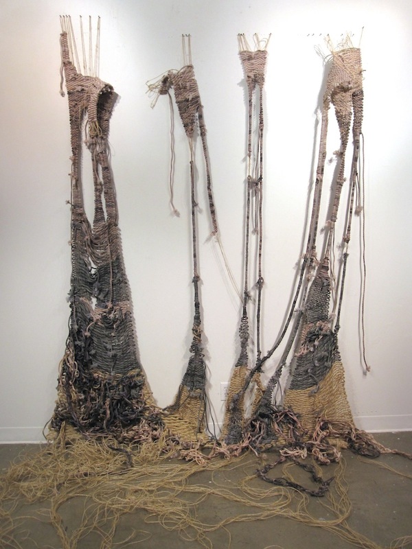 The Origin of All Things is Chaos, 2013, 8’H x 5’W, hand-dyed cotton, sisal rope, nails. Technique: Handmade, hand-dyed large-scale weaving loom tapestry using plain weaves &knots. Photo: Mary Grisey. 