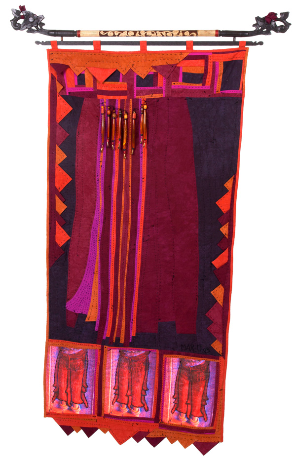 Aspara 23, 29W x 55H, fibre, textiles I collected in the region and cloth I created. Fibre techniques are drawing, painting, machine and hand sewing