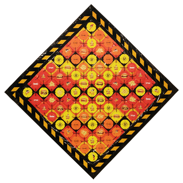 Mighty Grip. Quilt Recycled jar openers, cotton commercial fabric, reflective hazard tape, Velcro, chains, oil cloth, vinyl binding, painted, appliquéd machine pieced, appliquéd and quilted 2012 89" x 89", Photo: Tom Fitzpatrick