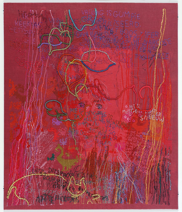 Red, hand embroidery on fine linen (50 count, evenweave) with a variety of fine threads (cotton, silk, rayon, polyester, metal). 50 x 60 cm. Photo: Rob Mostert.