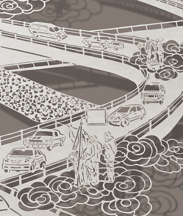 Sewing Highways, detail, 25" x 21", Cut Paper, Chinese Rice Paper on Silk