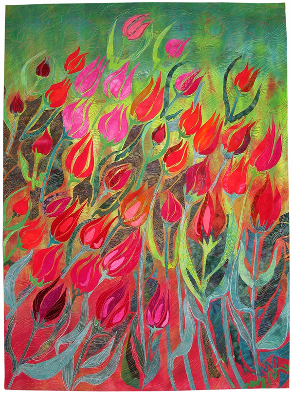 Lancaster Series:  Swept Up, 41 x31”, hand-dyed silks and cottons, fabric collage, machine quilted and heavily embroidered.