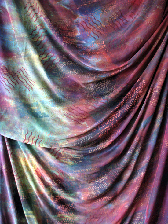 Untitled, art cloth, silk, dyed, over dyed, silk screened, devored, 36 x 84, 2008