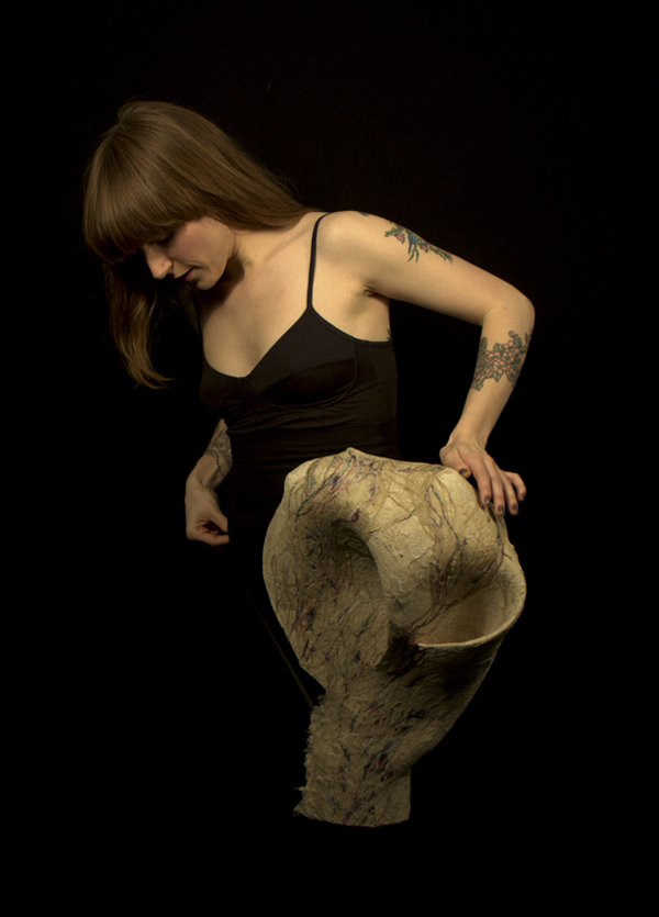 Take Over (from the series Perfect Imperfections), varies, wire, wire mesh, handmade paper, acrylic ink, ribbon, photo: Adelle Rae Taylor, model: Ange-line Tetrault.