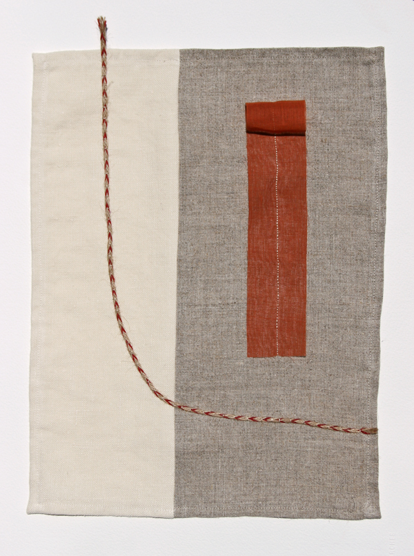 Up and out (Idiom Series), 12w" x 16"h, Twine and cotton voile on linen, Machine stitched with hand sewn embroidery, Photo: Kathryn Clark
