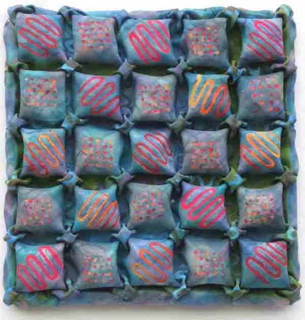 Blocked Elements, 13 H x 13 W x 2 D cm, 100% silk, fibre reactive syes and was resist and fabric paint, hand painted silk, photo: B Hilts.