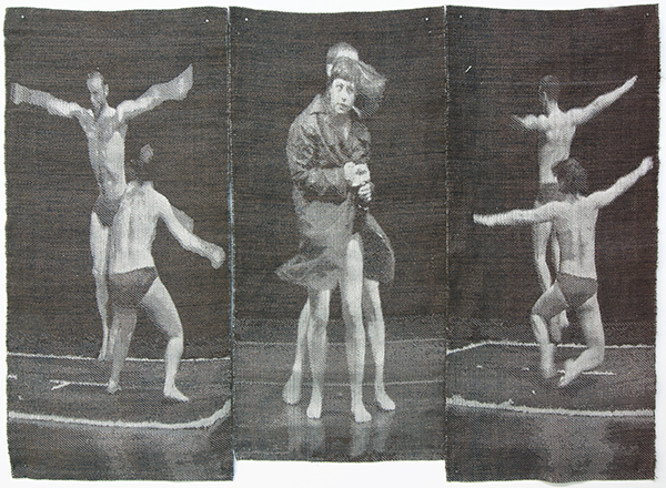 Triptyque, 2009. Jacquard weaving from a choreography by George Stamos entitled Réservoir pneumatique Tencel, stainless steel, copper, linen, dye. 106x182 cm.
