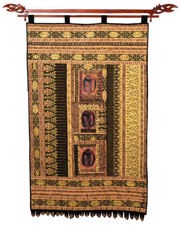 Aspara 25, 28W x 60H, fibre, textiles I collected in the region and cloth I created. Fibre techniques are drawing, painting, machine and hand sewing