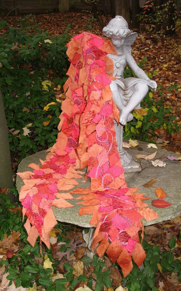 Autumn splendor scarf, materials: assorted fabrics, yarns and threads; techniques: hand dyeing, thread-web, freemotion embroidery