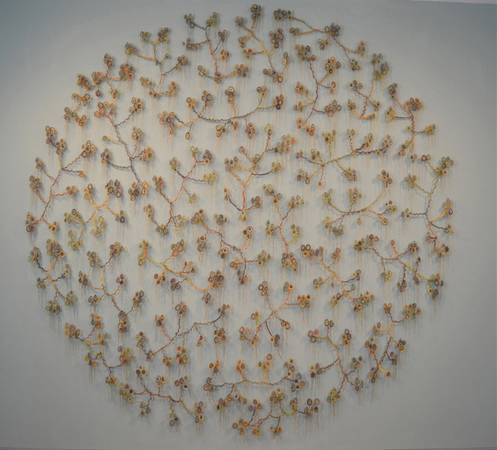 Under a Microscope, thread & insect pins, 2013, crochet, installation: Tyler Art Gallery, Oswego, New York, USA, 11' round x 1.75".
