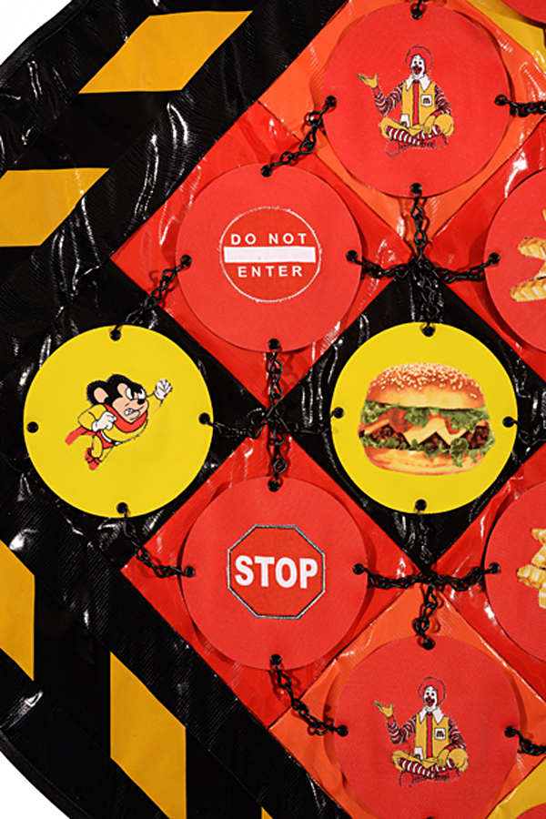 Mighty Grip, detail. Quilt Recycled jar openers, cotton commercial fabric, reflective hazard tape, Velcro, chains, oil cloth, vinyl binding, 