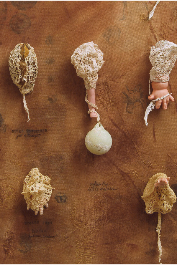 Missing Children (detail), 2003, free motion machine embroidery and eggshell (Leisa Rich)